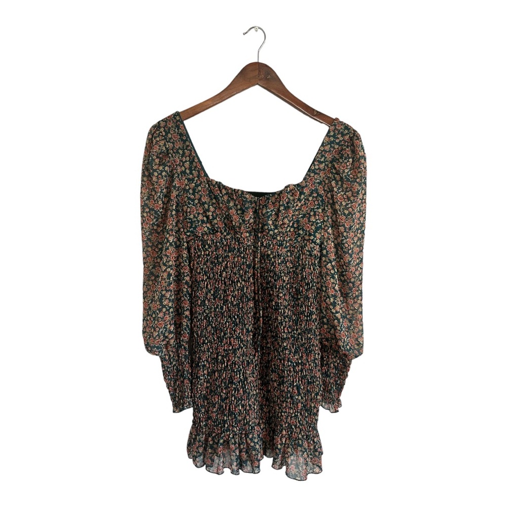 SHEIN size small green floral mini dress stretch top area and long sleeves